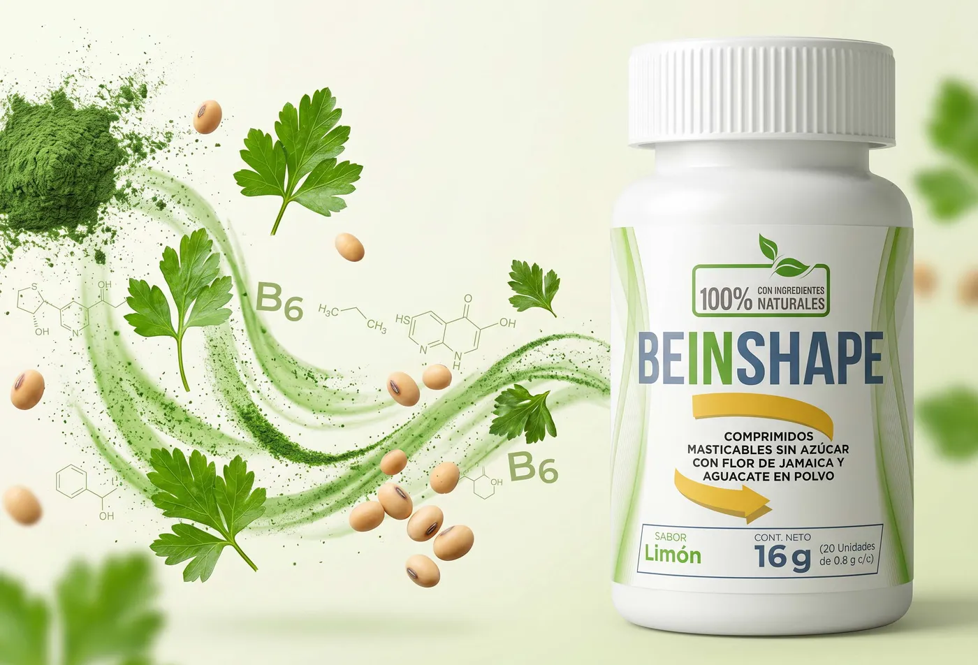 Frasco de BeInShape con ingredientes naturales